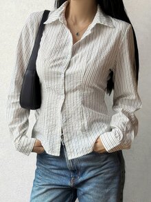 Livesso 女款黑白條紋純棉長袖蕾絲荷葉邊鈕扣修身收腰襯衫，秋季辦公早午餐法式風 - 白色 - 查看 8