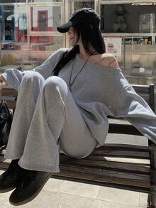 DAZY 女款灰色秋季寬鬆斜肩長袖衛衣與高腰抽繩寬腿褲兩件套，日常休閒居家可愛上衣套裝 - 灰色 - 查看 6