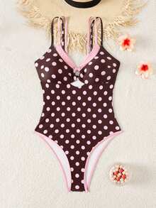 Swim Mod Spring/Summer Women's One-Piece Plaid Swimsuit With Spaghetti Strap For Beach Vacation - Brown - View 3