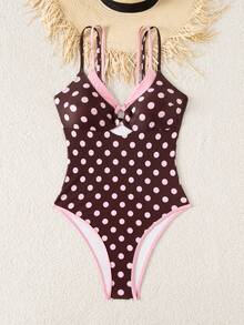 Swim Mod Spring/Summer Women's One-Piece Plaid Swimsuit With Spaghetti Strap For Beach Vacation - Brown - View 6
