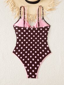 Swim Mod Spring/Summer Women's One-Piece Plaid Swimsuit With Spaghetti Strap For Beach Vacation - Brown - View 2