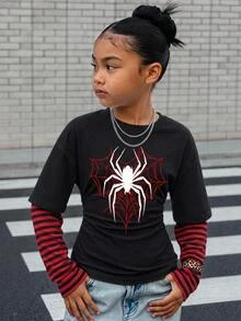 SHEIN Tween Girl Tween Girl Autumn/Winter Casual Crew Neck Long Sleeve Patchwork Spider Pattern Striped Sleeve T-Shirt - Apricot - View 6