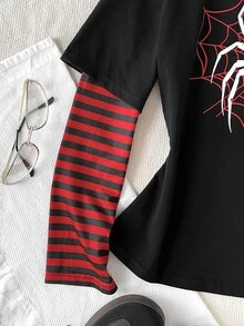SHEIN Tween Girl Tween Girl Autumn/Winter Casual Crew Neck Long Sleeve Patchwork Spider Pattern Striped Sleeve T-Shirt - Apricot - View 7