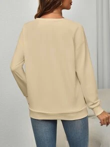 SHEIN LUNE 女款可愛幽靈搞怪咖啡萬聖節圓領圖案運動衫，秋季咖啡愛好者萬聖節派對上衣 - 杏色 - 查看 2