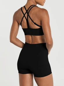 11SKNDS Seamless Ribbed Sports Bra With Scoop Neckline Cross Back Straps Low Impact Racerback Design Yoga Pilates Everyday With Sweat-Wicking, Stretchy, Breathable, Buttery-Soft & Removable Cups, For Gym Workout Fitness Studio, Running, Training & Hy-Rox - Black - View 5