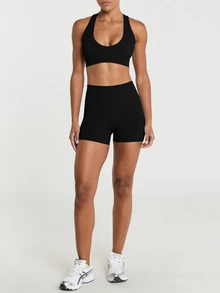 11SKNDS Seamless Ribbed Sports Bra With Scoop Neckline Cross Back Straps Low Impact Racerback Design Yoga Pilates Everyday With Sweat-Wicking, Stretchy, Breathable, Buttery-Soft & Removable Cups, For Gym Workout Fitness Studio, Running, Training & Hy-Rox - Black - View 4