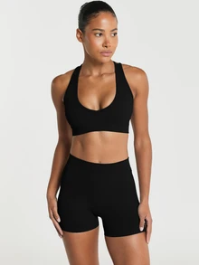 11SKNDS Seamless Ribbed Sports Bra With Scoop Neckline Cross Back Straps Low Impact Racerback Design Yoga Pilates Everyday With Sweat-Wicking, Stretchy, Breathable, Buttery-Soft & Removable Cups, For Gym Workout Fitness Studio, Running, Training & Hy-Rox - Black - View 6