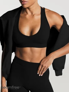 11SKNDS Seamless Ribbed Sports Bra With Scoop Neckline Cross Back Straps Low Impact Racerback Design Yoga Pilates Everyday With Sweat-Wicking, Stretchy, Breathable, Buttery-Soft & Removable Cups, For Gym Workout Fitness Studio, Running, Training & Hy-Rox - Black - View 2