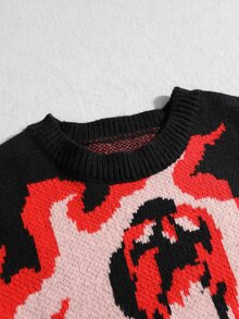 ROMWE MEN Men's Dark Skull Round Neck Long Sleeve Knit Sweater - Red - View 3