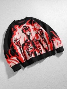 ROMWE MEN Men's Dark Skull Round Neck Long Sleeve Knit Sweater - Red - View 7