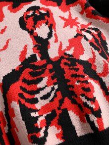 ROMWE MEN Men's Dark Skull Round Neck Long Sleeve Knit Sweater - Red - View 2