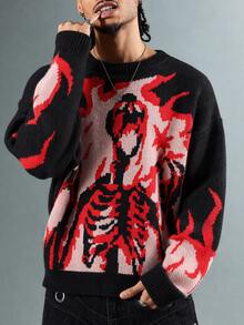ROMWE MEN Men's Dark Skull Round Neck Long Sleeve Knit Sweater - Red - View 8