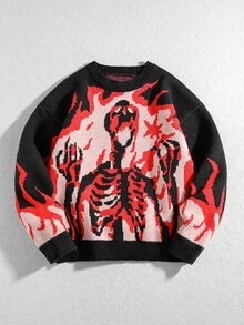 ROMWE MEN Men's Dark Skull Round Neck Long Sleeve Knit Sweater - Red - View 1