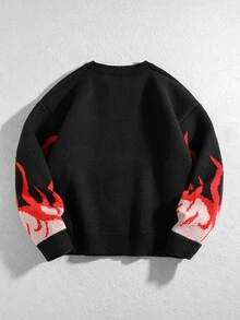ROMWE MEN Men's Dark Skull Round Neck Long Sleeve Knit Sweater - Red - View 4