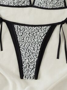 Swim SXY Women's Summer Beach Sparkly Patchwork Halterneck Bikini Set With Separate Bikini Set - Black and White - View 5