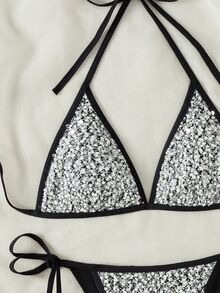 Swim SXY Women's Summer Beach Sparkly Patchwork Halterneck Bikini Set With Separate Bikini Set - Black and White - View 4