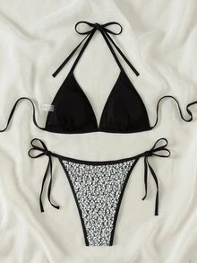 Swim SXY Women's Summer Beach Sparkly Patchwork Halterneck Bikini Set With Separate Bikini Set - Black and White - View 6