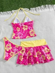 Bellisia 女士春夏沙滩音乐节印花撞色裹身系带荷叶边下摆半身裙三件套 - 彩色 - 查看 2