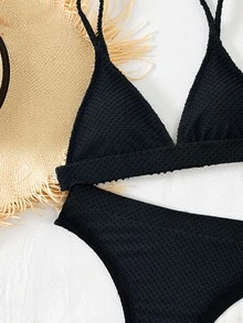 SHEIN Swim Bonvoyette-D 黑色泡泡褶皺提花針織面料 無鋼圈三角罩杯 可調節肩帶 高衩高腰泳褲 比基尼兩件套 女款性感辣妹風海灘套裝，適合海邊度假、泳池派對、海灘拍照、溫泉、島嶼旅行 - 黑色 - 查看 4