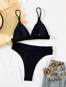 SHEIN Swim Bonvoyette-D 黑色泡泡褶皺提花針織面料 無鋼圈三角罩杯 可調節肩帶 高衩高腰泳褲 比基尼兩件套 女款性感辣妹風海灘套裝，適合海邊度假、泳池派對、海灘拍照、溫泉、島嶼旅行 - 黑色 - 查看 2