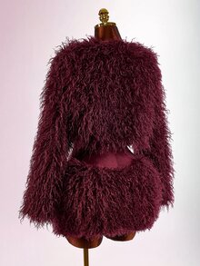 SHEIN ICON 女款短版披肩領羊毛混紡上衣，性感前衛迷你夾克，適合秋冬派對與約會穿搭 - 紅色 - 查看 7