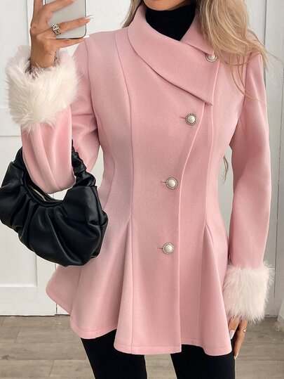Yalmera Women's Autumn/Winter Asymmetrical Collar Cinched Waist Pure Pink Sleeve Patchwork Faux Fur Wool, Suitable For Summer Girls And Women. Applicable