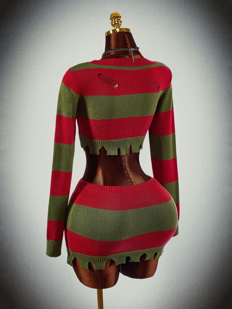 SHEIN ICON Set Aksesori Halloween Wanita Rajut 2 Potong Motif Garis Merah Malam Musim Gugur Grunge - Merah - View 2