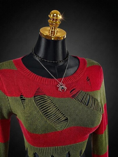 SHEIN ICON Accesorios de Halloween para mujer, conjunto de 2 piezas de punto, rayas rojas nocturnas, estilo grunge de otoño