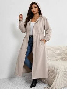 SHEIN CURVE+ Plus Size Casual Hooded Trench Coat For Autumn - Khaki - View 6
