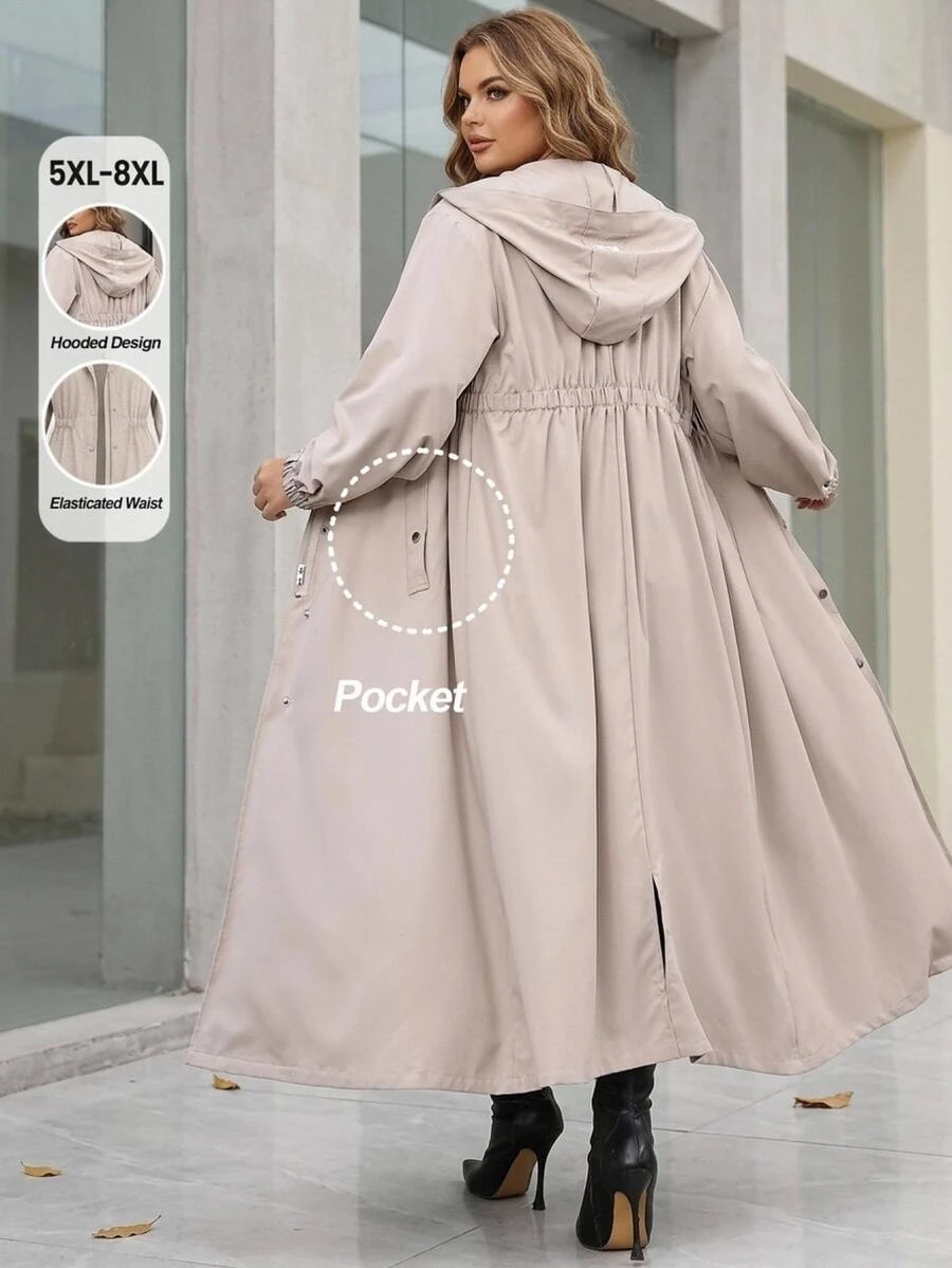 SHEIN CURVE+ Plus Size Casual Hooded Trench Coat For Autumn - Khaki - View 1
