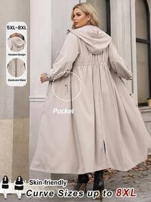 SHEIN CURVE+ Plus Size Casual Hooded Trench Coat For Autumn - Khaki - View 7