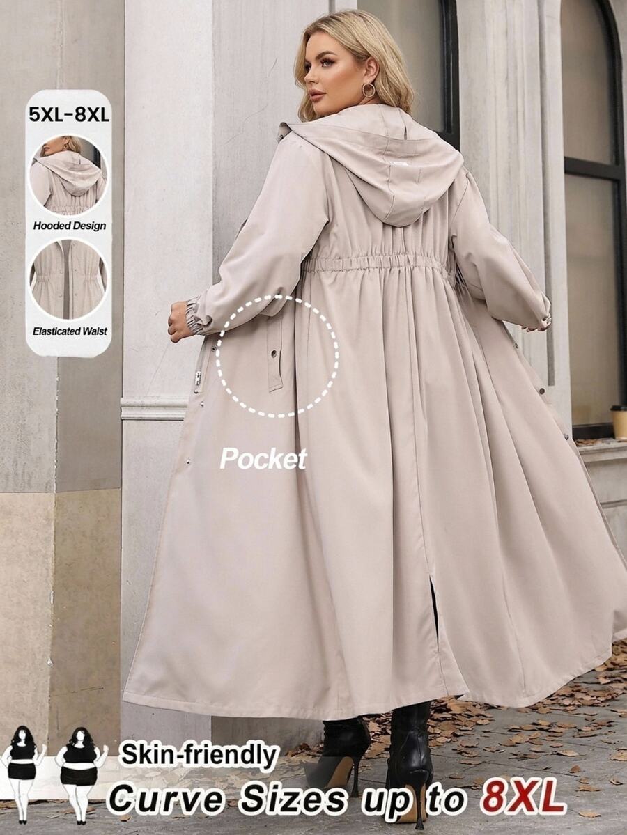SHEIN CURVE+ 大尺碼休閒連帽風衣大衣,適合秋季 - 卡其色 - 查看 1