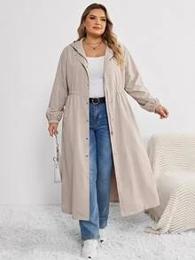 SHEIN CURVE+ Plus Size Casual Hooded Trench Coat For Autumn - Khaki - View 3