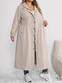 SHEIN CURVE+ Plus Size Casual Hooded Trench Coat For Autumn - Khaki - View 5