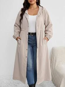SHEIN CURVE+ Plus Size Casual Hooded Trench Coat For Autumn - Khaki - View 4