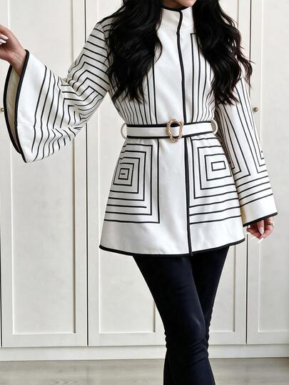 Yalmera Women's Off White Stand Collar Cape Style Wool Blend Coat, Black Geometric Line Print, Flare Long Sleeve, Belted Waist With Metal Buckle, Elegant Oute