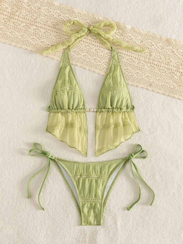 SHEIN Swim 新款亮片绿色比基尼泳装，性感沙滩度假约会装，春夏款 - 綠色 - 查看 5