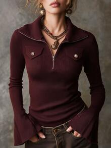 SHEIN 酒紅色半拉鍊領羅紋修身針織毛衣 - 酒紅色 - 查看 3