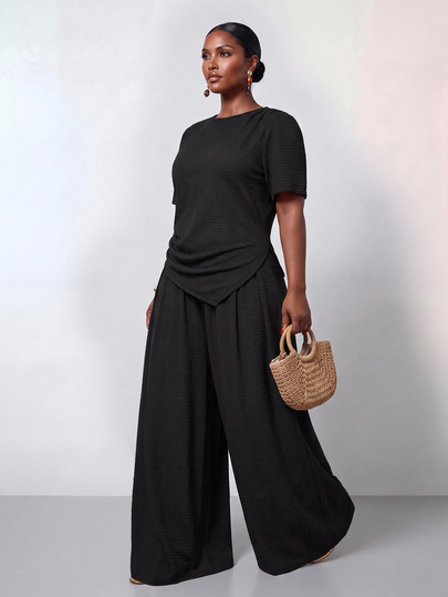 Veslaya Plus Size Black,Summer,Elegant,Office,Work 2 Pieces Set Crinkle Fabric Crop Top With Pointed Hem & Elastic Waist Wide Leg Pants Casual Resort Party