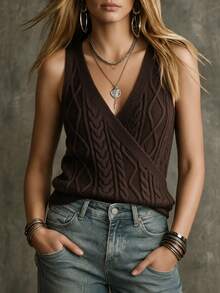 SHEIN Women Fall Winter V Neck Surplice Cable Knit Vest Sleeveless Cropped Knit Waistcoat - Brown - View 1