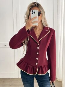 Yalmera Women's Lapel Long Sleeve Single-Breasted Ruffle Hem Overcoat Office Dinner Burgundy Autumn Elegant - Burgundy - View 1