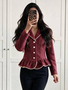 Yalmera Women's Lapel Long Sleeve Single-Breasted Ruffle Hem Overcoat Office Dinner Burgundy Autumn Elegant - Burgundy - View 3