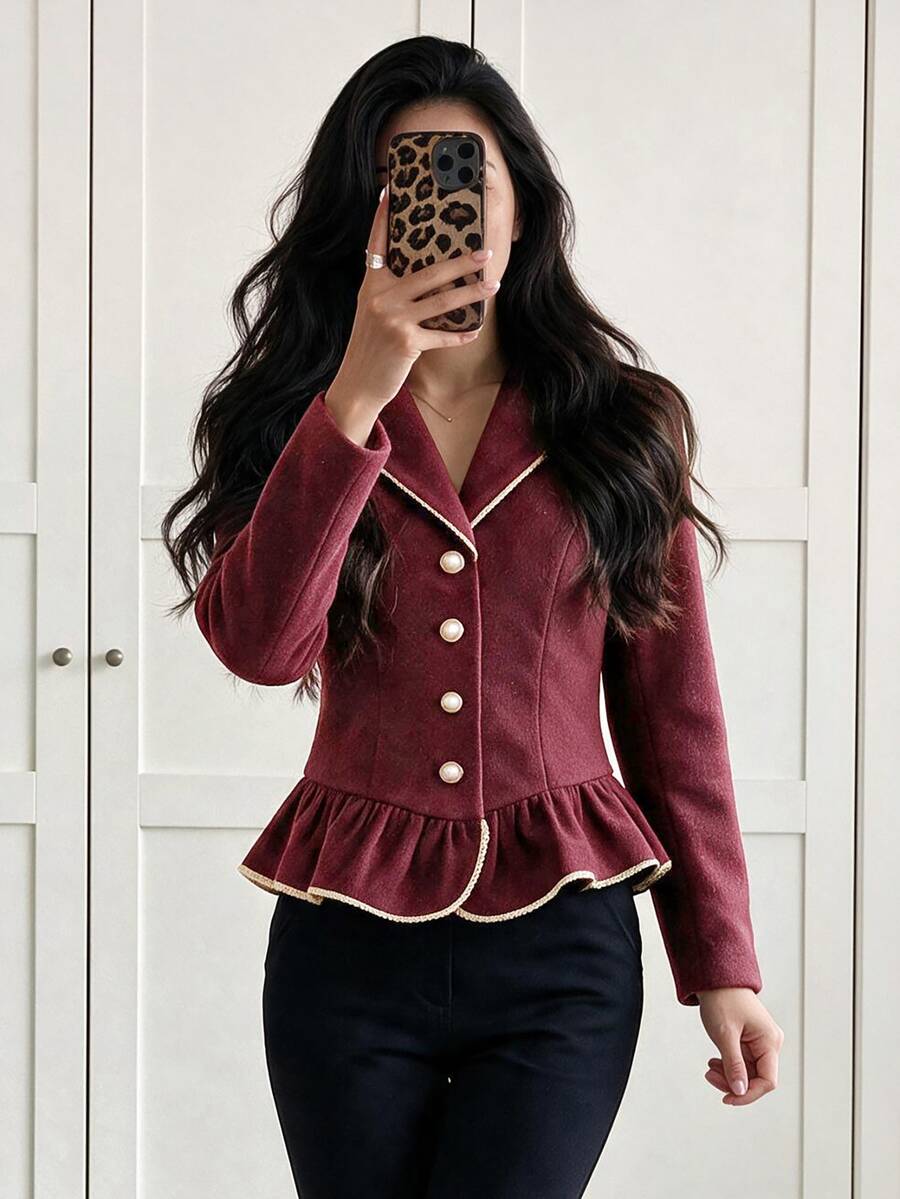 Yalmera Women's Lapel Long Sleeve Single-Breasted Ruffle Hem Overcoat Office Dinner Burgundy Autumn Elegant - Burgundy - View 1