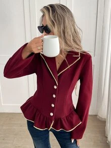 Yalmera Women's Lapel Long Sleeve Single-Breasted Ruffle Hem Overcoat Office Dinner Burgundy Autumn Elegant - Burgundy - View 5