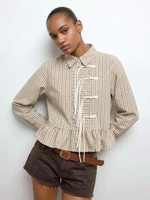 Maija Women's Placket Design Long Sleeve Ruffle Hem Plaid Shirt - Apricot - View 4