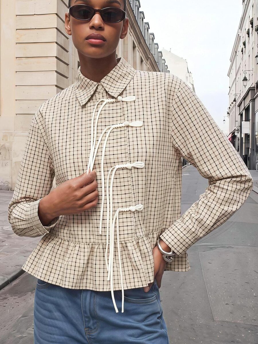 Maija Women's Placket Design Long Sleeve Ruffle Hem Plaid Shirt - Apricot - View 1