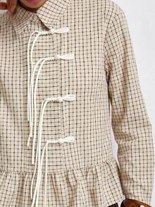 Maija Women's Placket Design Long Sleeve Ruffle Hem Plaid Shirt - Apricot - View 5