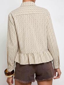 Maija Women's Placket Design Long Sleeve Ruffle Hem Plaid Shirt - Apricot - View 3