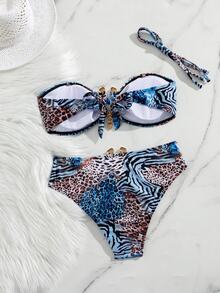 SHEIN Swim 性感渐变豹纹金色配饰抹胸比基尼套装，夏季度假 - 彩色 - 查看 4
