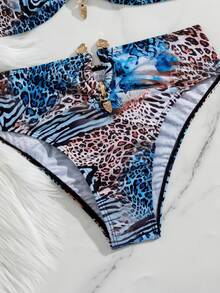 SHEIN Swim 性感渐变豹纹金色配饰抹胸比基尼套装，夏季度假 - 彩色 - 查看 6